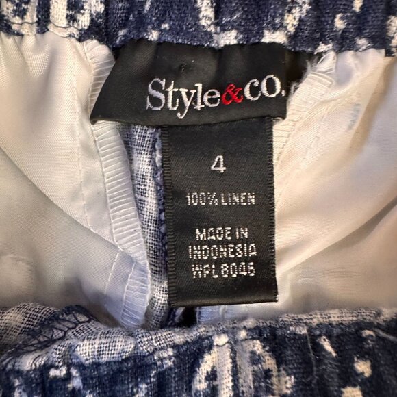 Style Co Linen‎ Pants Womens 4 Blue White Elastic Waist Pull On Loose Geometric - Picture 5 of 8